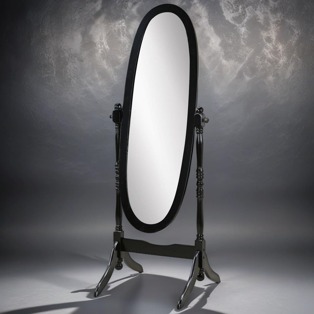 GTU Furniture Swivel Adjustable Full-Length Oval Wood Cheval Floor Mirror, in White/Black/Cherry/Oak/Silver/Gold/Espresso/Grey Finish (Black)
