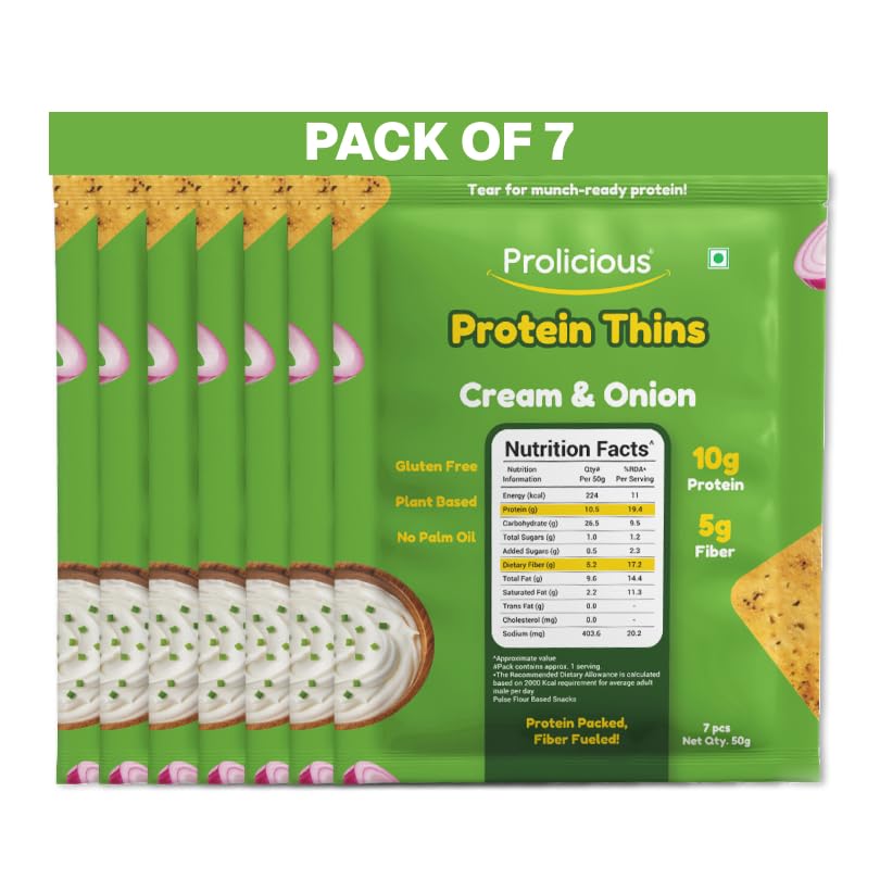 Image of Prolicious Thins Cream & Onion High Protein Chips | Upgrade Your Snacking | 10g Protein + 5g Fibre | Same Crunch, Snack Smarter | Plant Based, Gluten Free | No Palm Oil | 50g, Pack of 7