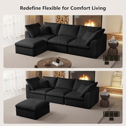 Image of Modular Sectional Sofa Couches L-Shape Couch 3 Seat Modular Sofa Memory Foam Sectional Couches for Living Room (Black, 108 inch+3 Seater+1 Ottoman)