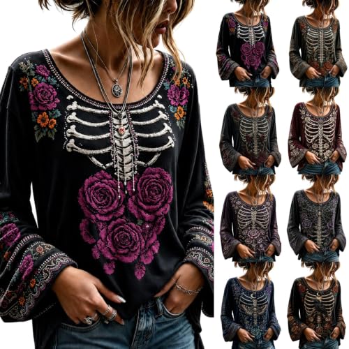Womens Halloween Shirts Skeleton Shirt Floral Graphic Bell Sleeve Shirt - image 1