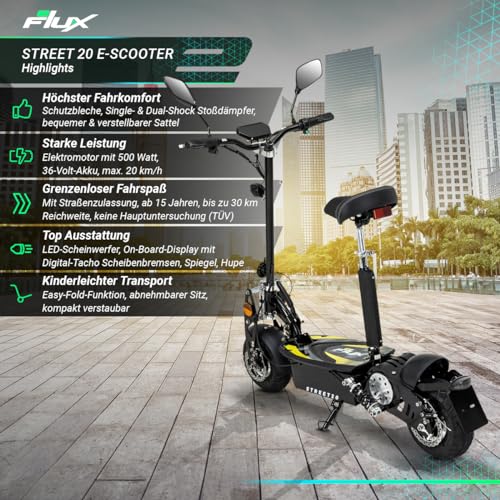 eFlux Street 20 - 20 km/h Straßenzulassung - 900 Watt Motor - 90 km Reichweite (Schwarz)