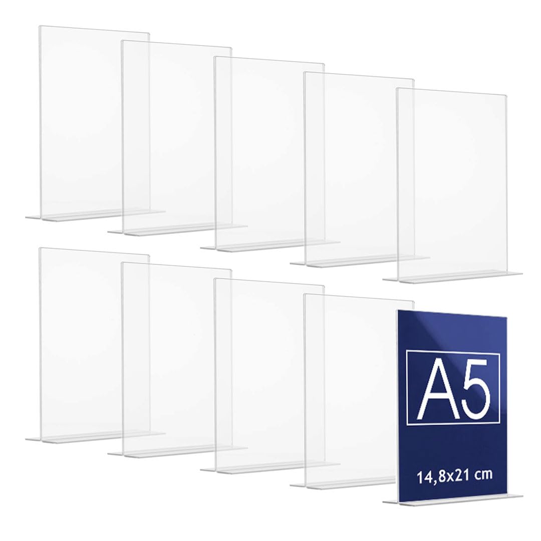 Danieli | Soporte para Menús Acrílico A5 Pack 10 Unidades | Expositor Metacrilato Transparente con Forma de T | Marco Acrílico Transparente Porta Menus Restaurante y Soporte Sobremesa Para Avisos