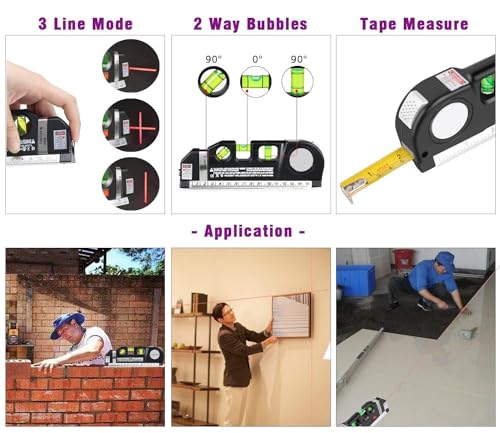 Image of Laser Level Pro 3 Multifunction Measuring Tool with Horizon Vertical Aligner Bubbles, Built-in Ruler Tape Measure and Laser Line Marker for Home DIY Construction Wall Hanging