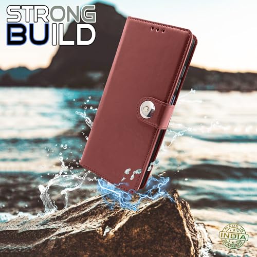 Image of Pikkme Tecno Pova 5 / Tecno Pova 5 Pro 5G Flip Cover Leather Finish | Inside TPU with Card Pockets | Wallet Stand and Shock Proof | Complete Protection Button Flip Case (Brown)