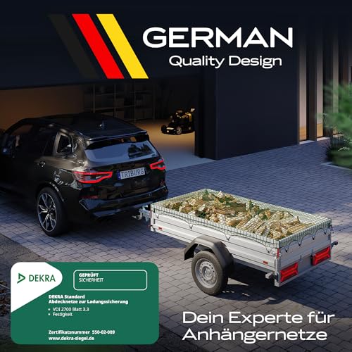 Anhängernetz 2x3 [DEKRA Geprüft] mit Eckmarkierungen - Anhänger Netz mit Spanngummi zur optimalen Ladungssicherung - Netz für Anhänger mit Gummiseil
