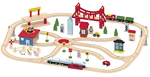 Leomark Holzeisenbahn - mit 130 Teilen - Spielzeug Eisenbahn, Kinder-Bahn Zug, Spiel-Set Holz, Konstruktionsspielzeug + Magnetwagen – Bild 3