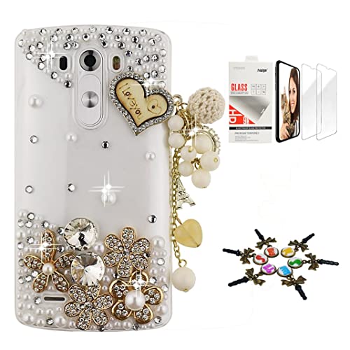 STENES Bling Case Compatible with LG Stylo 4 - Stylish - 3D Handmade [Sparkle Series] Heart Pendant Flowers Design Cover with Screen Protector [2 Pack] - Gold