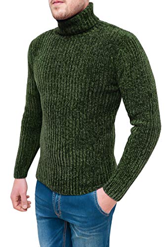 Pull col roulé en chenille vert pour homme Evoga en taille L