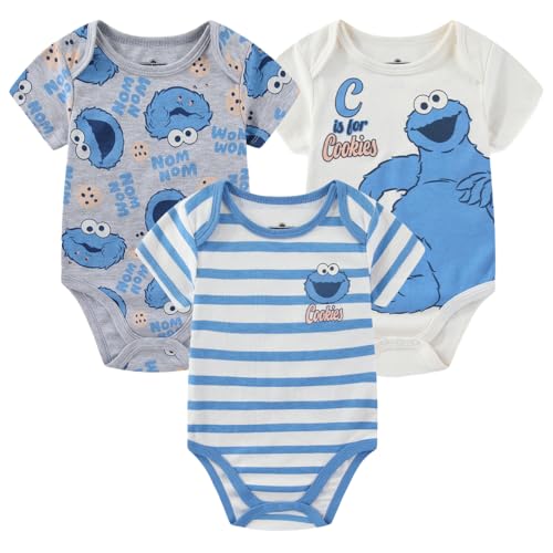 Sesame Street Cookie Monster Baby Boys 3 Pack Bodysuit for Newborn and Infant