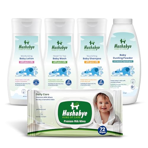 Image of Hushabye Head to Toe Baby Wash (200ml), Nourishing Shampoo (200ml), Premium Milk Wipes (72pcs) & Dusting Powder (100g) with Milk, for All Skin Types | Newborn Care Gift Set, Combo Pack of 5