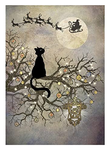Bug Art Pack of 5 Christmas Cards - 'Moon Cat' - Stunning Design with Cat, Tree and Santa - Embossed Gold Foil Finish - 5 Cards of 1 Design