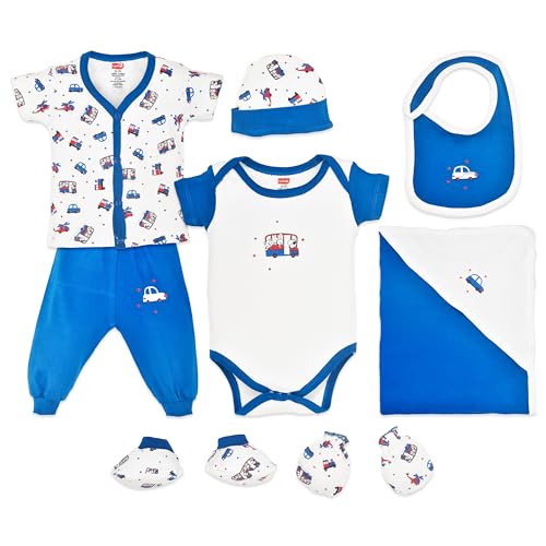 Image of LuvLap Newborn Baby Garment Gift Set, Pack of 8, White Blue All Over Print, Short-Sleeve Jhabla, Pyjama,Half-Sleeve Onesie, Cotton Bib, Cap, a Pair of Booties, a Pair of Mittens & 1 Hooded Towel