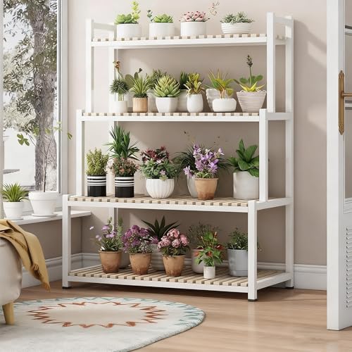 yxcen-home プランターラック ガーデンラック フラワースタンド アイアン製 3段/4段 園芸ラック 調整脚付き 花置き棚 花棚 盆栽 観葉植物 収納棚 室内室外 鉢植え 組立簡単 ベランダ バルコニー ホワイト/4段90*35*167cm