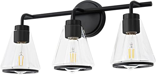 Miniatura 8 de Lámpara negra para tocador de baño, 3 luces, lámparas de baño sobre espejo, accesorios de iluminación con pantalla de vidrio transparente de 22