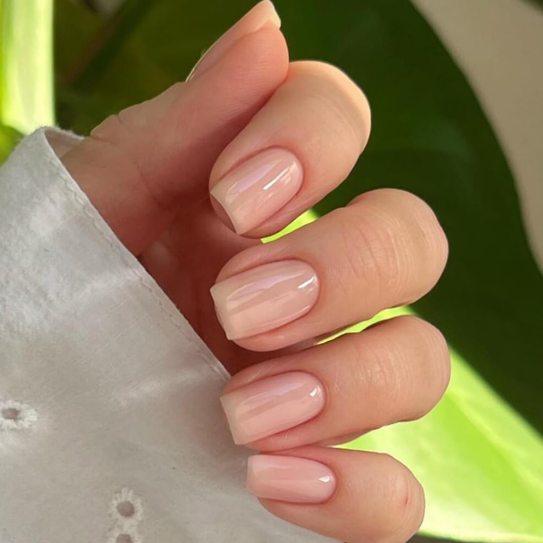 SXVME Nude Press on Nails Short Square Acrylic Short False Nails Coffin Natural Acrylic Fake Nails Set Elegant Solid Color Full Cover Glossy Gel Stick on Nail for Women Daily Wear 24 Pcs - Image 2