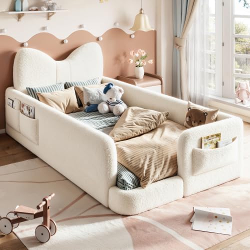 Image of Twin Size Kids Bed with Bow-Shaped Headboard, Upholstered Teddy Fabric Twin Daybed with Slats Support & Side Pockets, Space-Saving Wooden Corner Sofa Couch Bed Frame for Girls, Boys, Teenager(Beige)