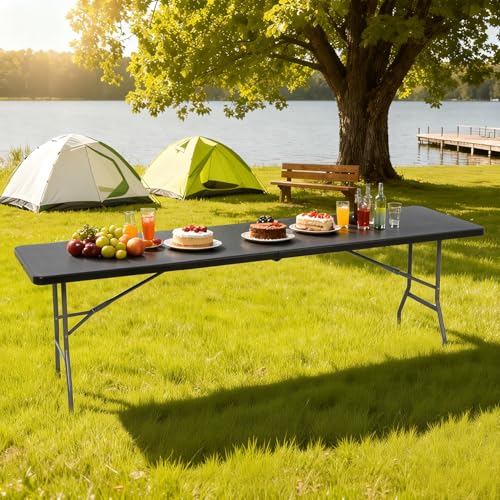 Image of BestOffice 8 FT Picnic Table Folding Table Camping Plastic Table Fold Up Table Lock for Party Event, Black