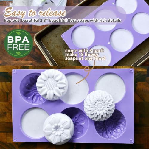 Image of Soap Molds Silicone Flower Shapes 3-Pack, Chocolate Ice Cube Cake Candy Gelatina Rose Molds Bath Bomb Different Floral Molds, Homemade DIY Non-Stick Craft Food Grade Molds BPA Free Tray Molds