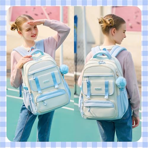 School Backpack for Girls, Laptop Backpack 15.6 Inch Kids Elementary Middle High School Bag Anti Theft Cute College Bookbags for Teens Girls Women Students Casual Travel Daypack,Blue Beige2