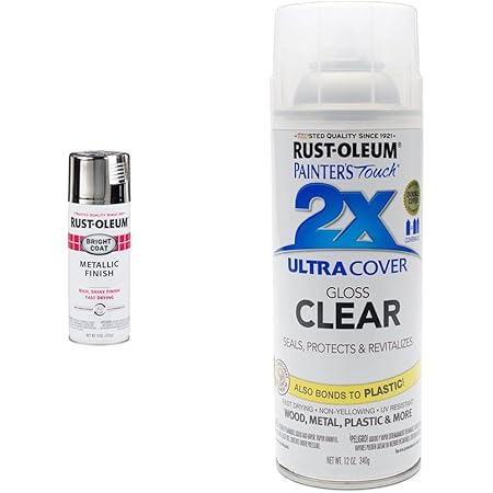 Rust-Oleum 7718830 Stops Rust Bright Coat Metallic Spray Paint, 11 Ounce (Pack of 1), Chrome & 249117 Painter's Touch 2X Ultra Cover, 12 Ounce (Pack of 1), Gloss Clear