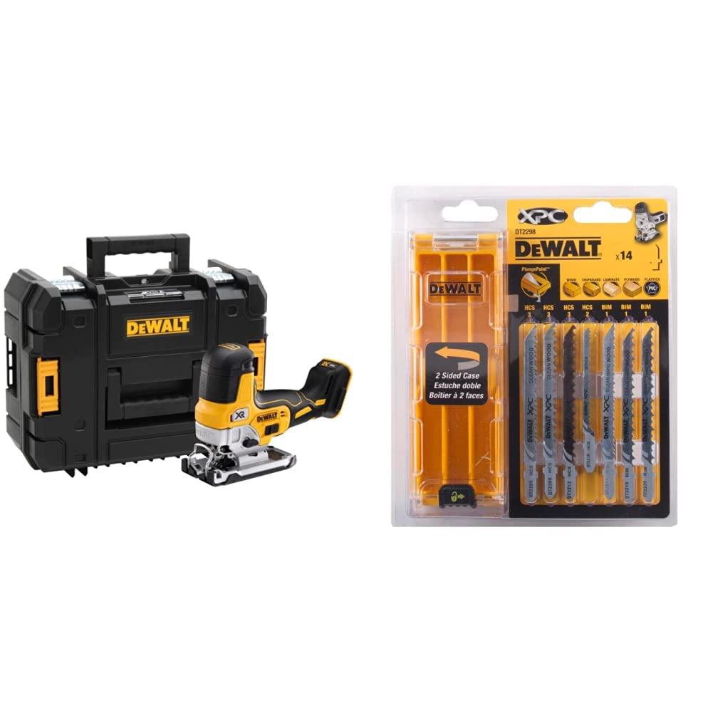 Dewalt 18V Akku-Pendelhubstichsäge DCS335NT (bürstenlos, verstellbarer Alu-Druckguss-Sägeschuh, 3-fach Pendelhub, inkl. Absaugadpater) & XPC Holzstichsägeblätter-Set DT2298