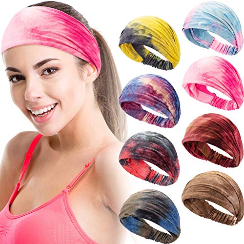 8 Pieces Tie Dye Headbands for Women Hair Bands, Non Slip Turban Head Bands Elastics Head Wrap Hair Accessories for Yoga Running Sports Travel Athletic Fitness