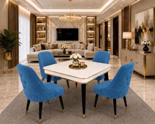Image of WOODEN SPACE 4 Seater Wooden Dining Table Set | Urban Marble Top Dining Table with Chairs for Dining Room & Kitchen (Modern Grand Aura Blue) (42 x 42 x 30 inch)