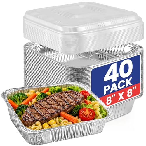 TiddieBair 40 Pack 8x8 Aluminum Foil Pans with Lids - Square Baking Cake Pans Disposable