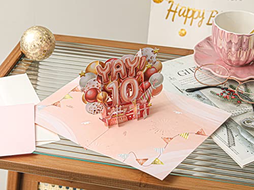 Liif Happy 10Th Birthday Card, 10 Years Old Birthday Card, 3D Greeting Pop Up Birthday Card, For Girl, Granddaughter, Pink, Balloons | With Message Note & Envelop | Size 7 X 5 Inch #TOP4