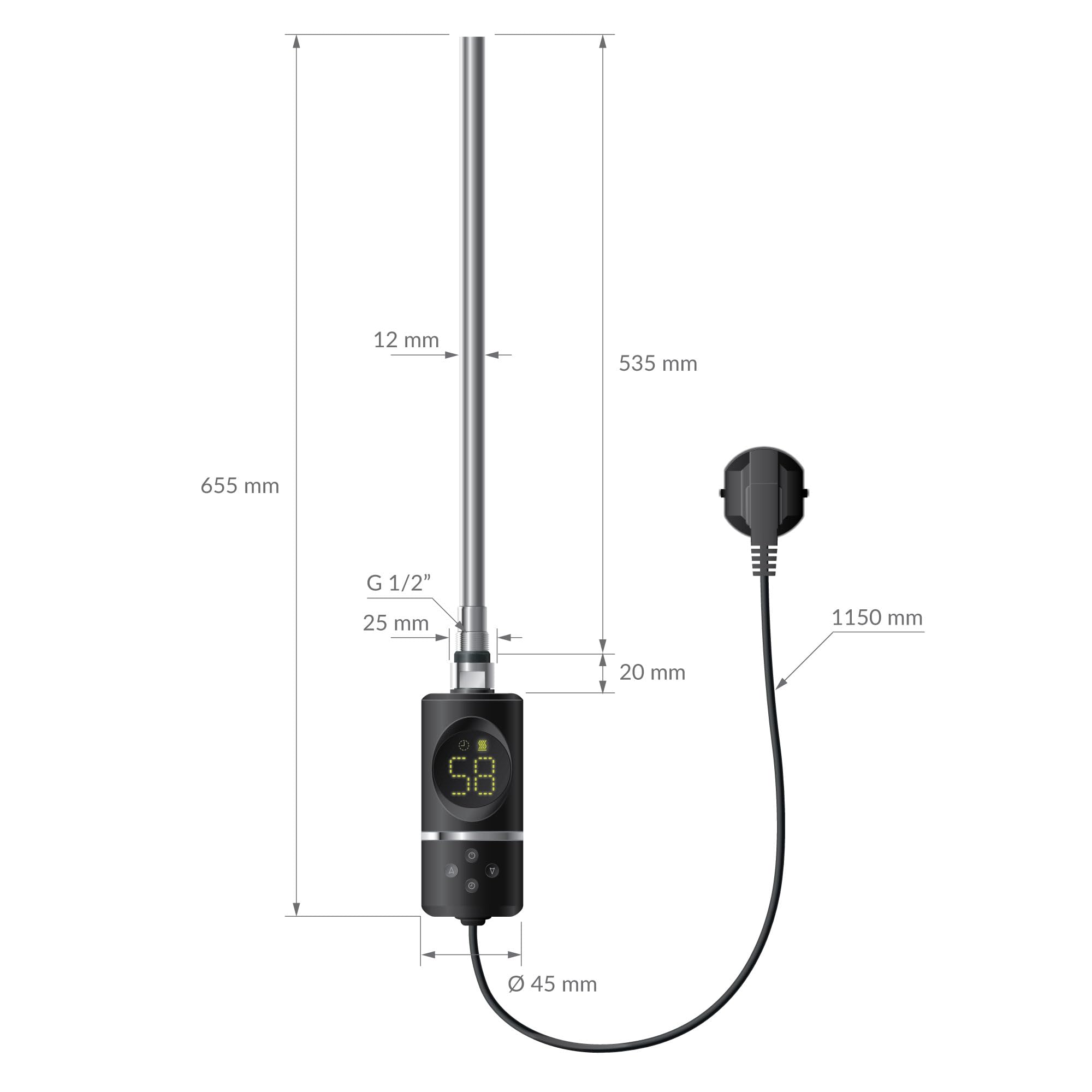 LuxeBath Elemento Calefactor Eléctrico 600W de Acero Inoxiable Negro para Radiadores, con Termostato y Pantalla Digital, Regulador Electrónico y Modo Temporizador, Calentador de Inmersión con Enchufe