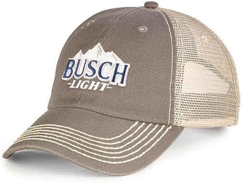 BUSCH LIGHT Mesh Trucker Hat, Gray and Beige, Mountain Logo Baseball Cap