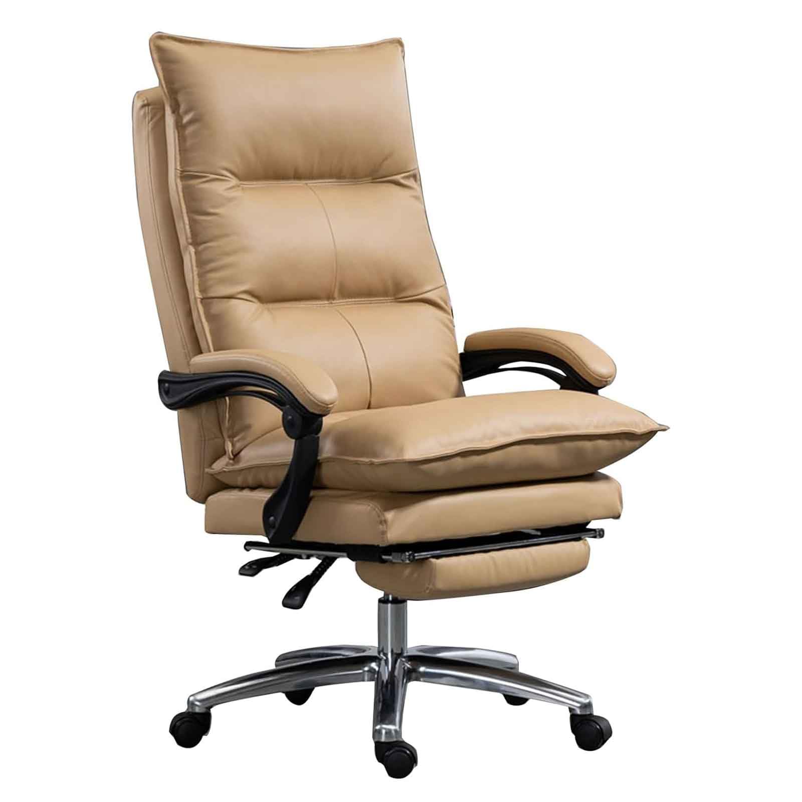HTTGDGDH Ergonomic Genuine Leather Office Chair With Retractable Footrest Fully Reclining High Back Executive Computer Chair For Comfort Swivel Boss Task Chair,Khaki