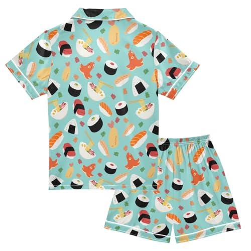Cute Japanese Food Prints Summer Satin Pajama Set, Cute Button-Down Sleepwear Pj Set for Sleep Wears2