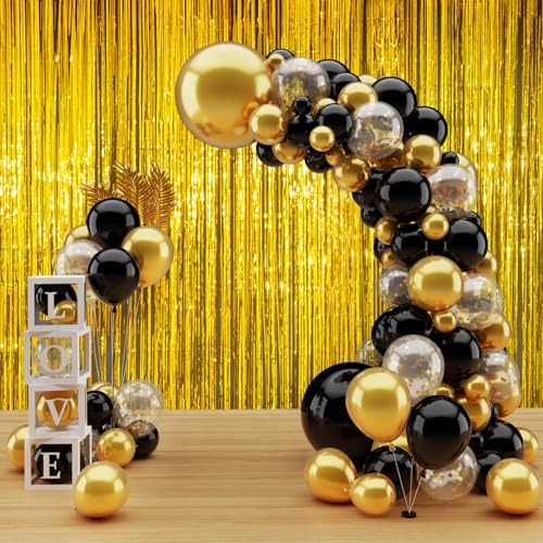 Set Decorazioni Compleanno Oro e Nero, 102pz Decorazioni con Palloncini e 2pz Tende a Frange per Feste 1,2x30,5x45,7cm, Arco di Palloncino Coriandoli Oro per Feste di Compleanno Matrimonio e Natale