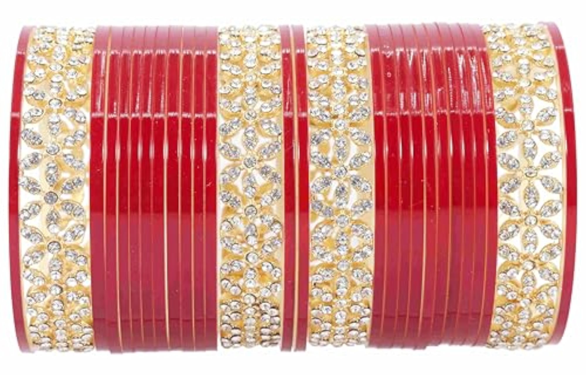 Red Chuda Set For Bridal with Zircon Diamond Stone Bangles Chura