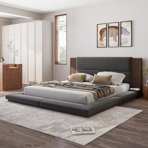 Polibi Velvet Upholstered Floor Platform Bed with Extended Wood Headboard & Bedside Shelves - No Box Spring Needed, Low Profile Bed Frame with Storage Space, Gray (King)