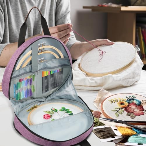 Image of Embroidery Project Bag, Embroidery Supplies Storage Carrying Tote Case with Multiple Pockets and Handle, Cross Stitch Bag, Double Layer Round Embroiderys Project Bags for Floss Hoops Thread (Purple)