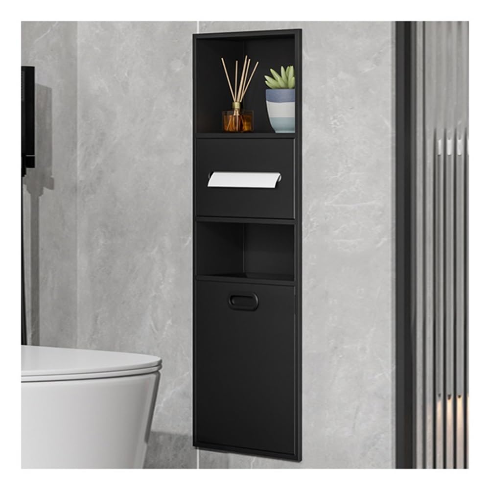 QUSYZD Brushed Stainless Steel Shower Niche Caddy, Recessed Bathroom Shelf with Trash Can, Durable Storage Solution for Organized Showers,Black-30x86x14cm-A