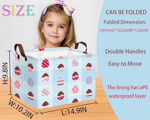 Image of Large Rectangular Easter Baskets Empty Waterproof Boy Toy Box Foldable Kid's Gifts Storage Bin Spring Room Decor(Blue Checkered Egg)