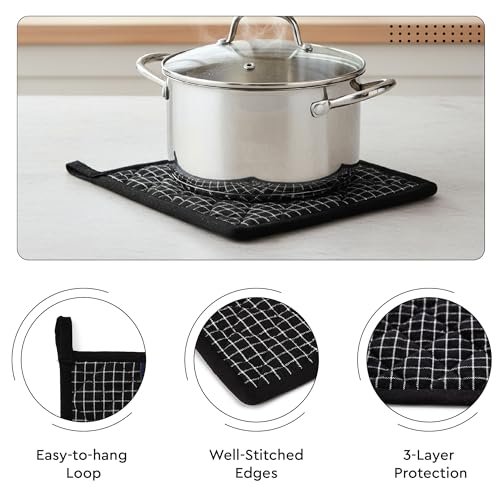 Image of Encasa XO Heat Resistant 100% Cotton Oven Glove & Potholder Set with Loop, Kitchen Cooking Mittens, Microwave Safe Hot Pads (Butcher Checks Black)