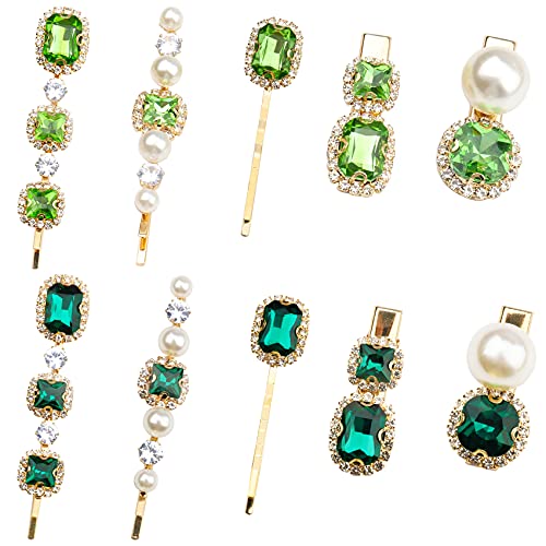 10 Pieces Vintage Rhinestones Decorative Hair Pins Bling Handmade Green Crystal Hair Clips Hair Barrettes Pearl Bobby Pins Metal Gold Tone Hair Slides Clips Headwear Accessories for Women