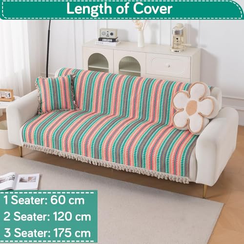 Image of HOKIPO 'Artisan Boho Series' Sofa Cover with Tassel for 3 Seater Sofa | 450 GSM Thick Cotton Acrylic Jacquard Fabric Sofa Cover, Size 152x175 cm, Mint Green (NEW-IN-909-A7)
