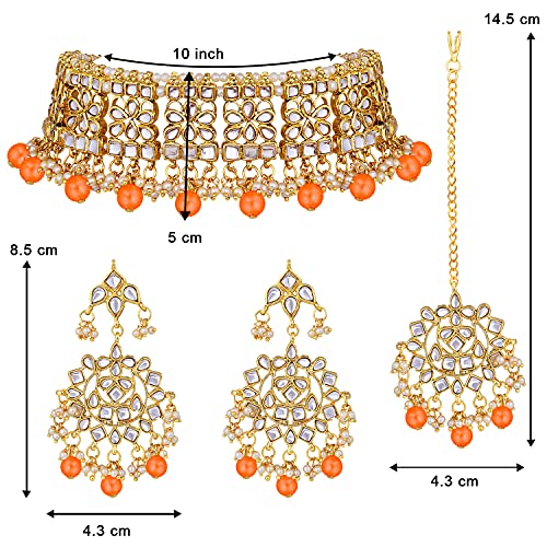 Image of Aheli Elegant Indian Faux Kundan Studded Choker Necklace with Maang Tikka Set Ethnic Wedding Wear Bharatanatyam jewellery set Gift for Women