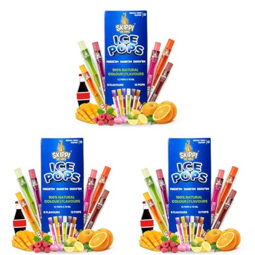 Image of Skippi Natural Ice Popsicles - Assorted Flavors (Lemon, Mango, Orange, Raspberry, Bubblegum, Cola) - 12 x 70 ml - 100% Natural Colours, Flavours, and Preservatives (Pack of 3)