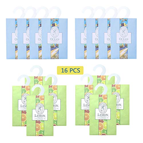 Lifetop 16Packs Closet Air Lemon & Ocean Freshener Deodorizer Scented Sachets Bags for Drawer Closets, Wardrobes and Bedrooms, Car Scent (Lemon + Ocean)