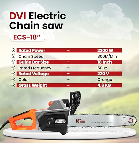 Image of DVI Electric Chainsaw With 18-Inch Guide Bar With 2300 W High Power Motor With Low-Kickback System | Perfect For Cutting Wood, Pruning and Harvesting Firewood | With Free 32 Feet Wire