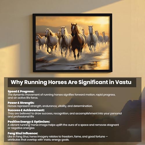 Image of 9 Running Horses Vastu Framed Wall Art Painting | Strength & Forward Energy Nine Horse Painting With Frame for Living Room, Home & Office, 10x12 Inch