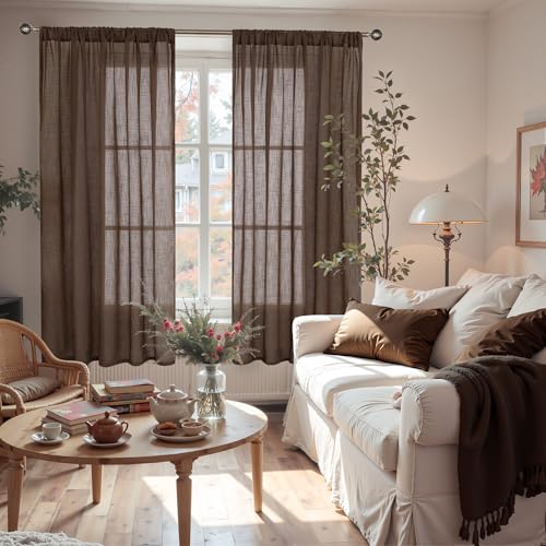 Image of BGment Brown Linen Curtains 63 Inches Long for Living Room, Semi Sheer Window Drapes Rustic Textured for Farmhouse Beroom Dining Room Decor Rod Pocket Lightweight, 2 Panels Set, Each 52 Inch Wide