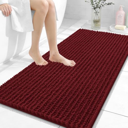 Image of OLANLY Long Bathroom Rugs Runner 47x24, Thick Soft and Absorbent Chenille Bath Mat, Non-Slip, Machine Washable Quick Dry Bath Rugs for Tub Shower Floor, Home Decor Accessories, Burgundy
