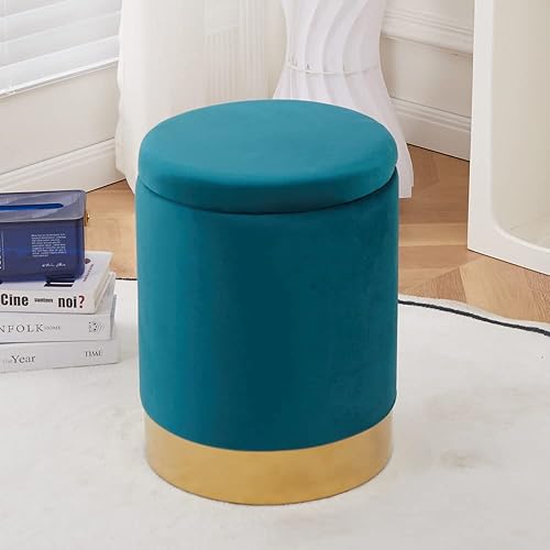 Miniatura 7 de Mxfurhawa Taburete otomano de terciopelo multiusos con base de metal, moderno taburete redondo para tocador, silla otomana, soporte acolchado de 300
